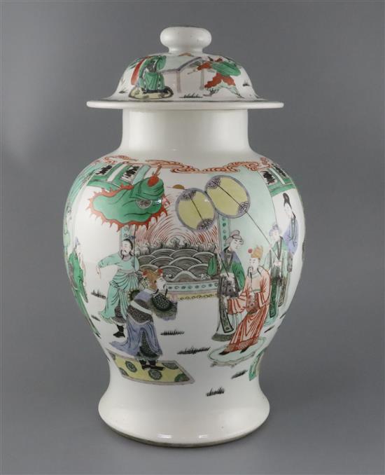 A large Chinese famille verte baluster vase and cover, late 19th century, height 43cm., fine star crack to side